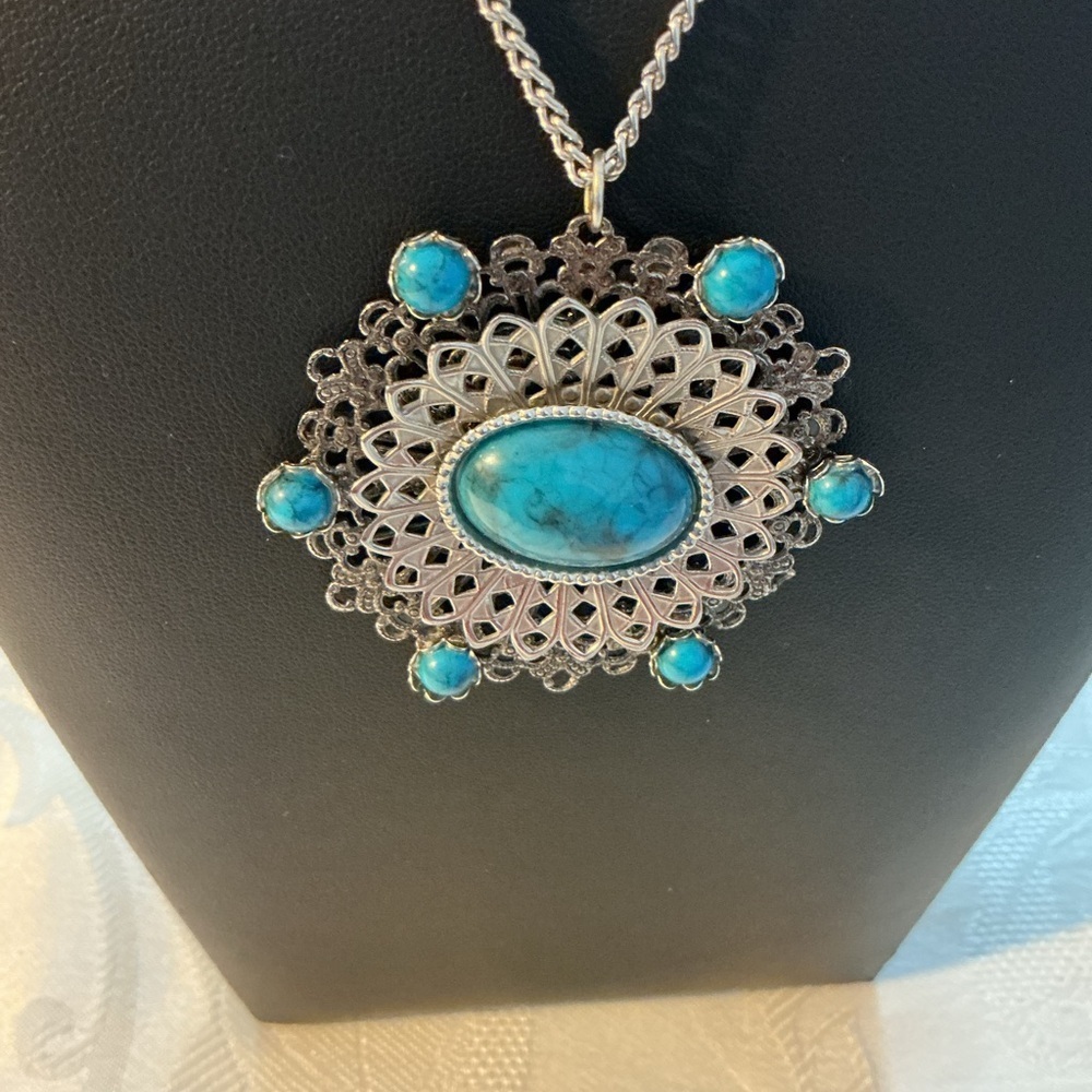 Turquoise Faux Victorian Revival Antique Silver Tone Pendant Necklace